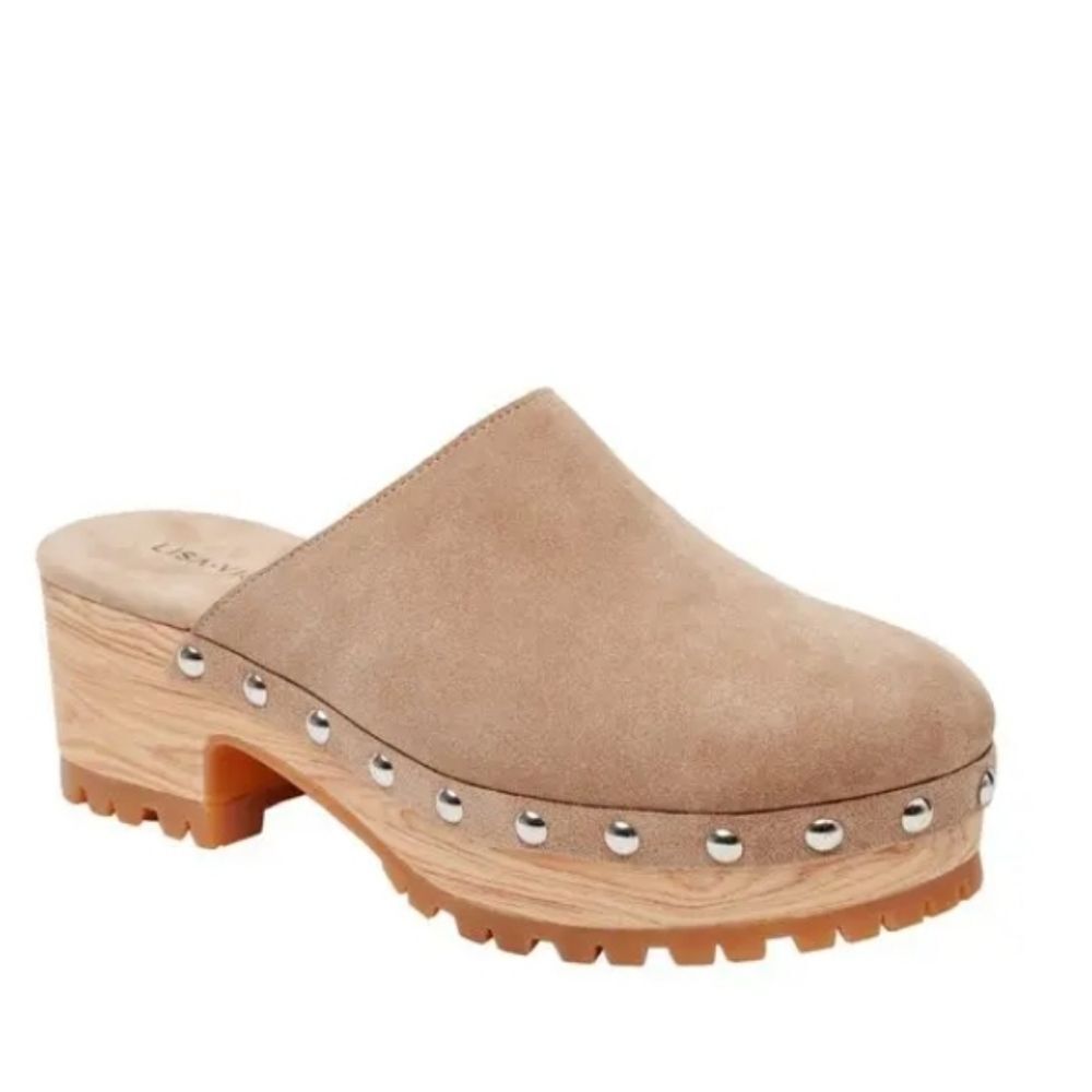 Lisa Vicky Vim Platform Suede Clogs Tan Camel Wood Heel Size 6